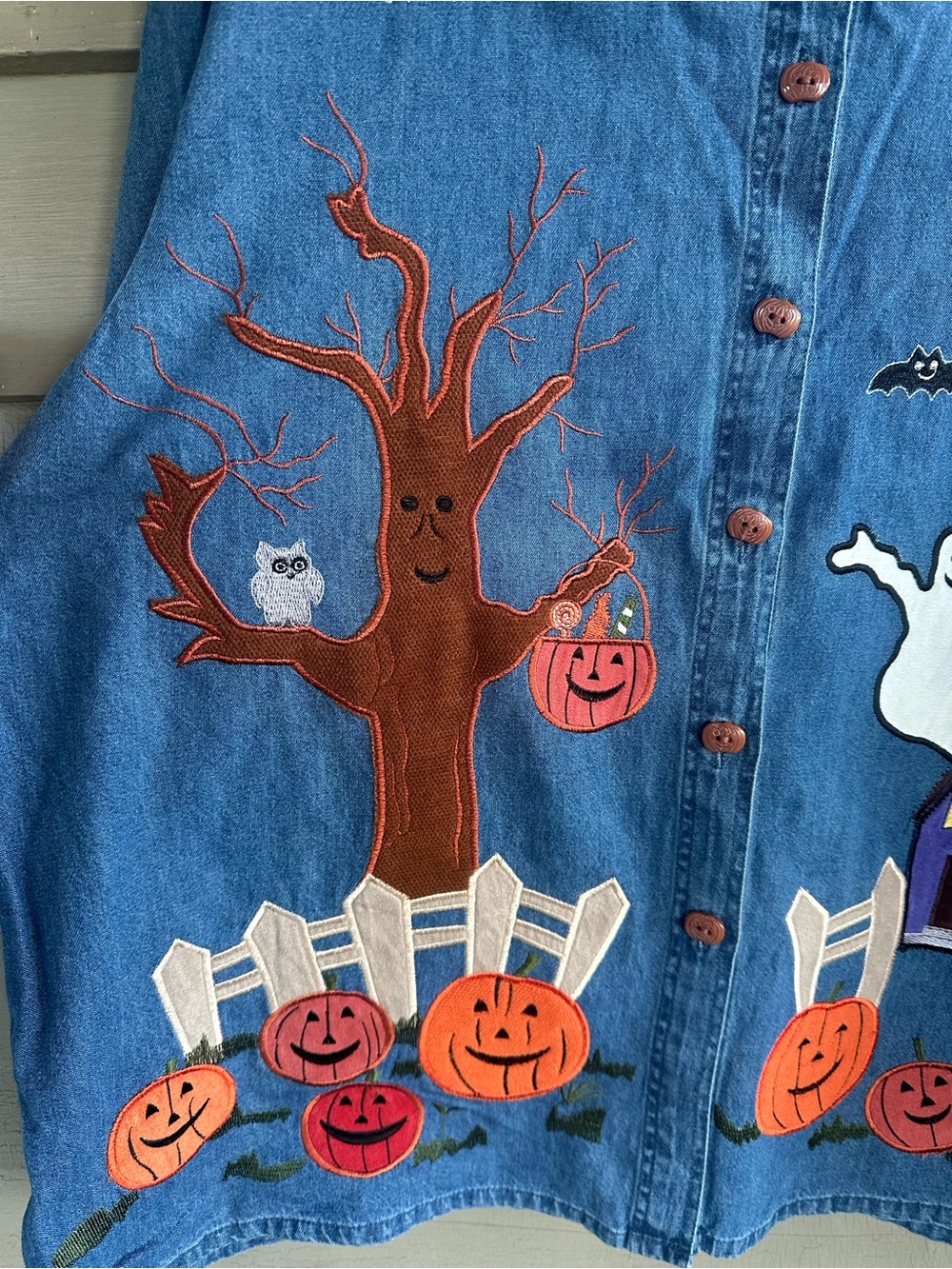 Vintage 90s Halloween Denim Button Up with Pumpkin Appliqués Embroidered Size XL - Picture 6 of 12